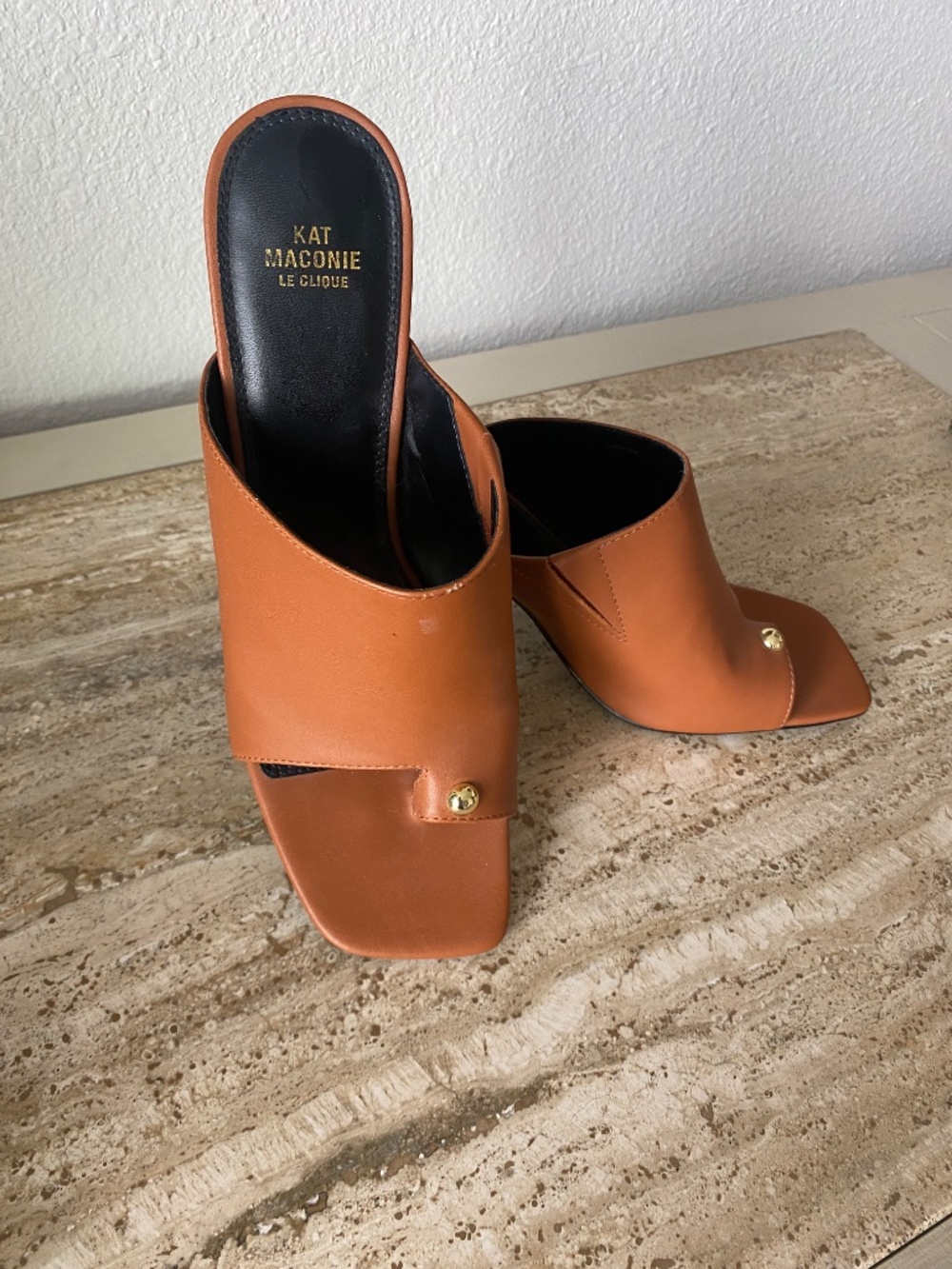 Kate Maconie  Le Clique Mule Tobacco Brown Heels with Gold  Size 10 (US)